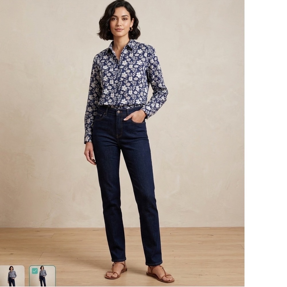 Quieti Navy Blue Floral Button Down Shirt Long Sleeve Size Medium